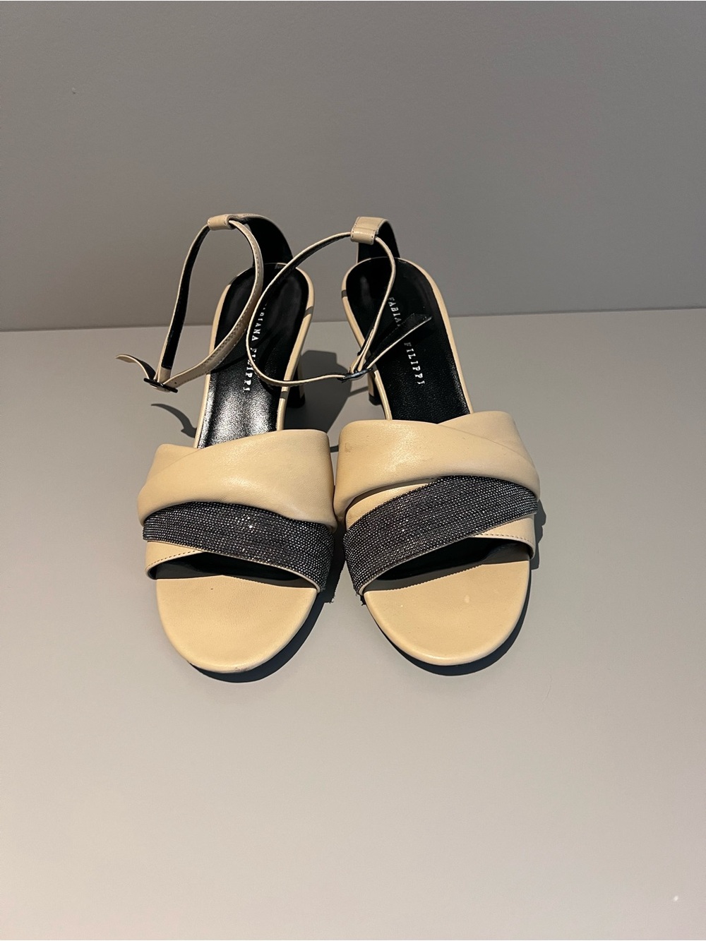 Beige and Black Cross-Band Slingback Sandals